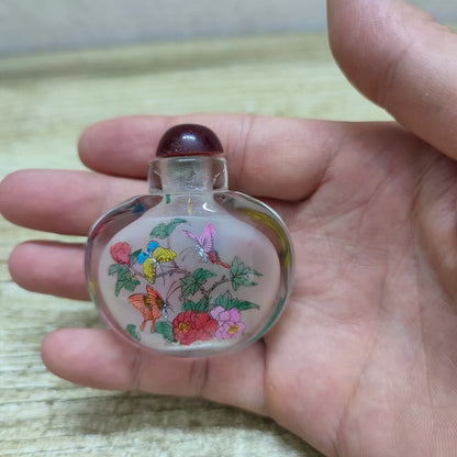 Chinese Peking Glass Snuff Bottle Inside Painting Flower Box Art Beauty Glazed