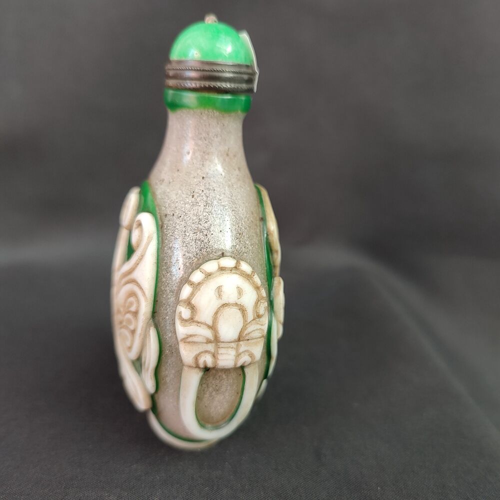 Old Peking Glass Snuff Bottle box overlay snuffbox mask carvings folk art rare