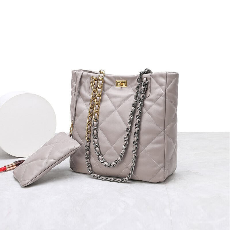 Quilted Sheepskin Leather Tote Shoulder Bag Purse Chain Handles Handbag Fashion