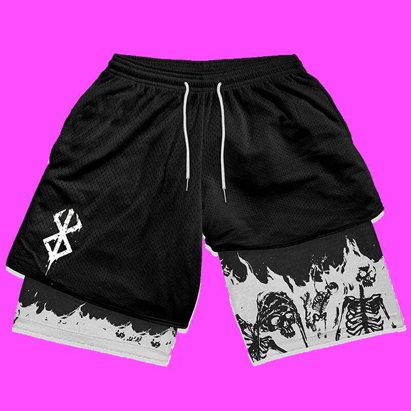 Anime Berserk 2 in 1 Gym Shorts Men Training Short Running Fitness Joggers Sport