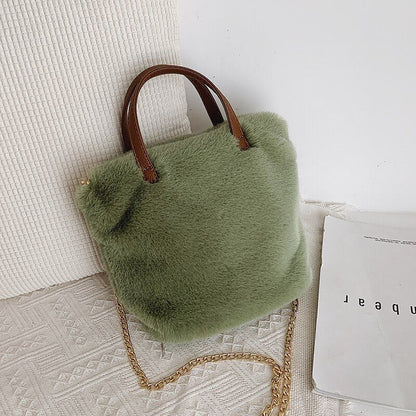 Fluffy Tote Bag Sling Chains Shoulder Strap Crossbody Faux Fur Bucket Handbag