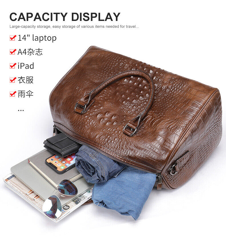 Mens Leather Crocodile Gym Duffel Shoulder Bag Travel Overnight Luggage Handbags