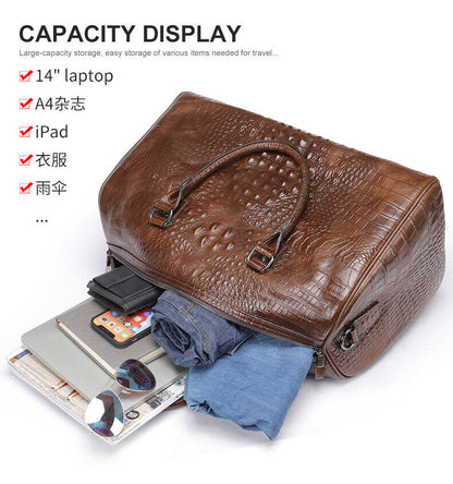 Mens Leather Crocodile Gym Duffel Shoulder Bag Travel Overnight Luggage Handbags