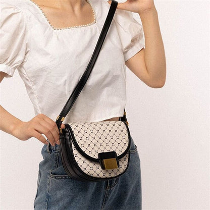 Geometric Print Saddle Bag Women Leather Shoulder Messenger Bags Handbags Purses