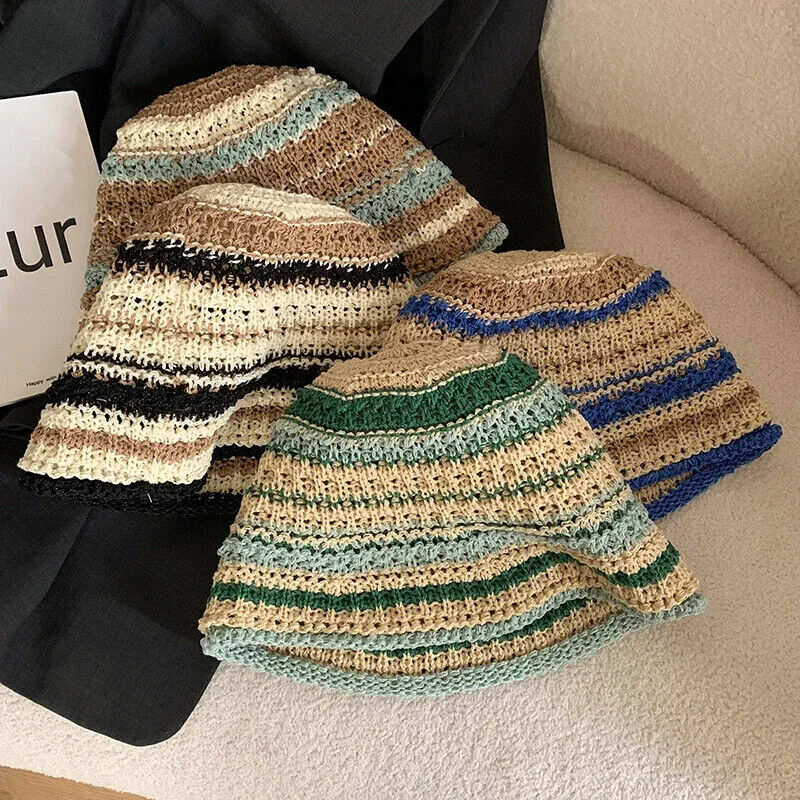 Women Bucket Hats Color Woven Summer Japanese Show Face Beach Sun Caps Sunshades