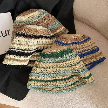 Women Bucket Hats Color Woven Summer Japanese Show Face Beach Sun Caps Sunshades