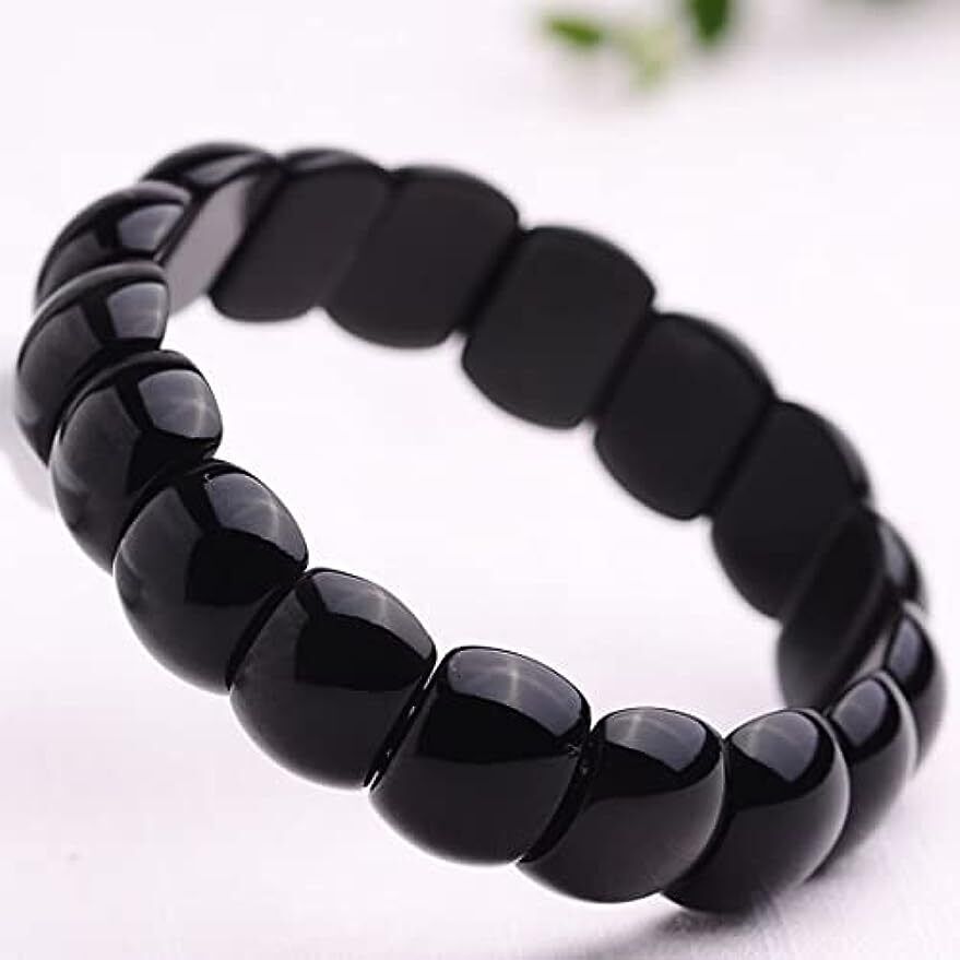 Women Bracelet Black Obsidian Crystal Flat Beads Stretch Hand Row Elastic String