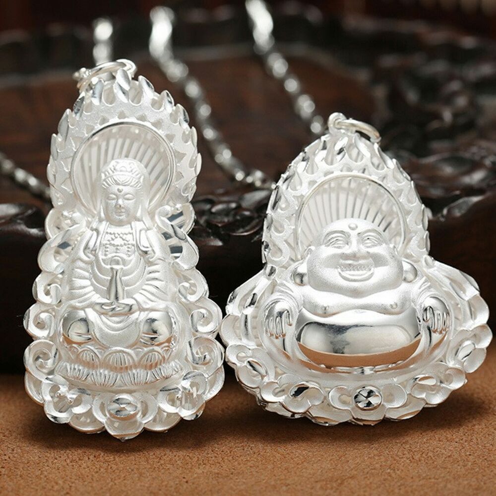 S999 Pure Fine Silver Men Women Lucky Flame Buddha Guanyin Pendant 4G-24G