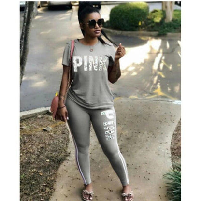 Pink Letter Print 2 Piece Activewear Outfits Jogging Women Fashion Plus Size New