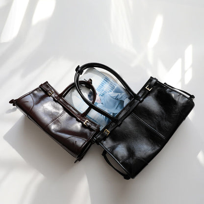 33/38cm Glossy Real Leather Satchel Shoulder Bag Purse Work Handbag Tote Fashion