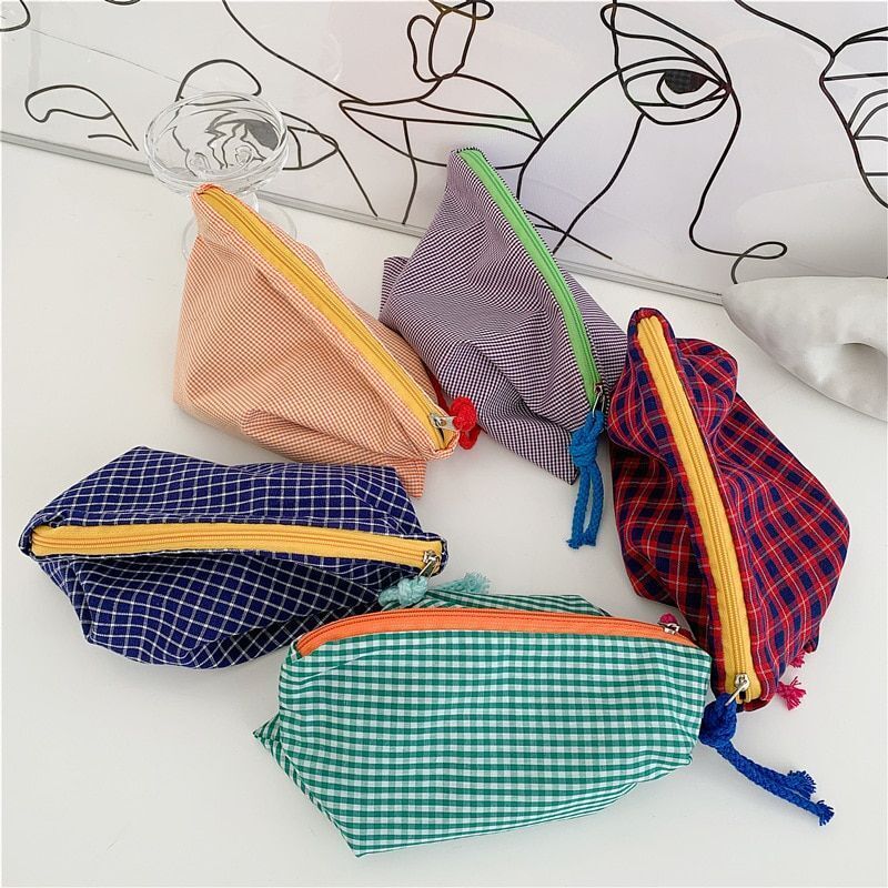 Plaid Cosmetic Bag Cotton Fabric Women Travel Makeup Zipper Pouch Wash Bag 22*17