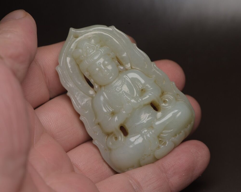 Chinese Beautiful Natural Hetian Jade Carving Kuan Yin Statue White Jade Pendant