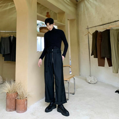 NEW Men's Loose Straight Pants Design Zipper Wide Leg Long Trousers Runway Pants