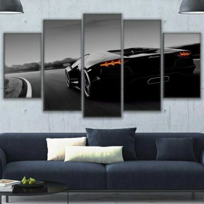 Black luxury car in Road 5 Piece Canvas Print Wall Art Home Decor