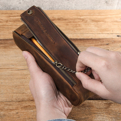 Handmade Cowhide Leather Pen Pouch Zipper Pencil Case Stationery Storage Pen Bag