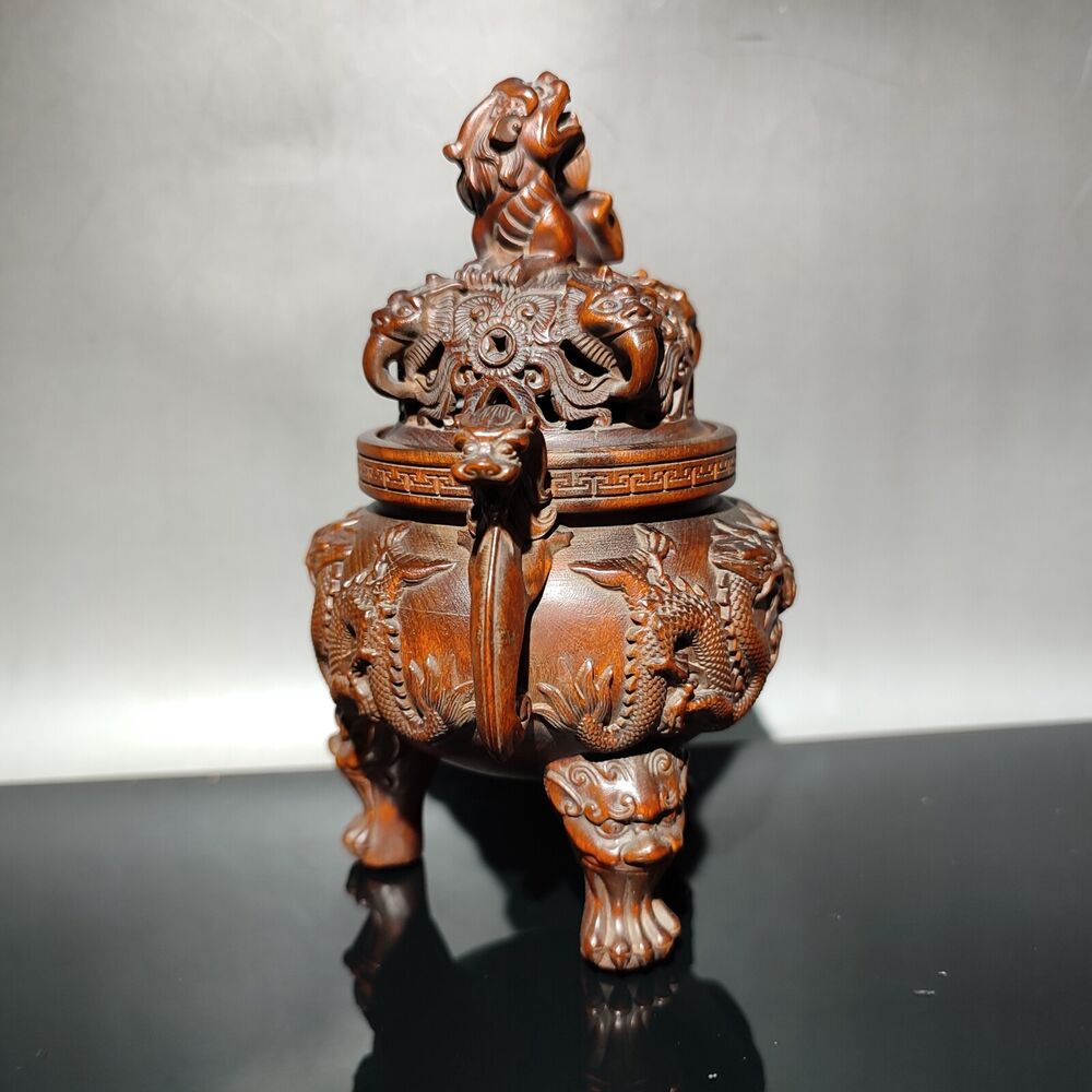 vintage Boxwood Tripod Censer incense holder dragon statue Essential oil incense