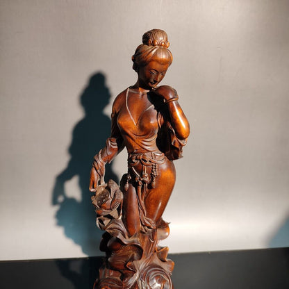 7" beautiful fairy pretty woman figurine sexy wood decor statue carving Buddhism