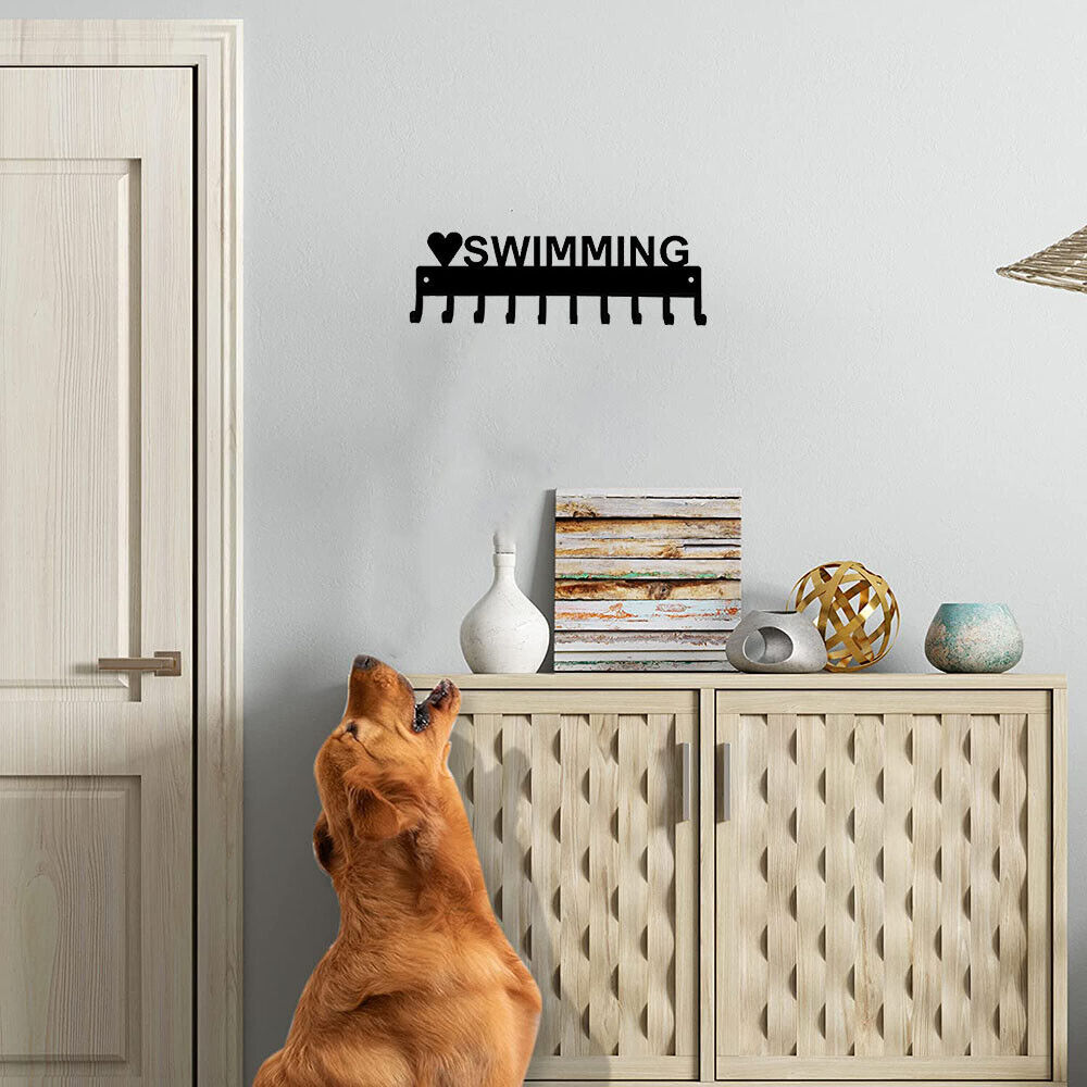 Love Swimming Medal Hanger Rack - 14.5 inches with 10 Hooks Metal Wall Art