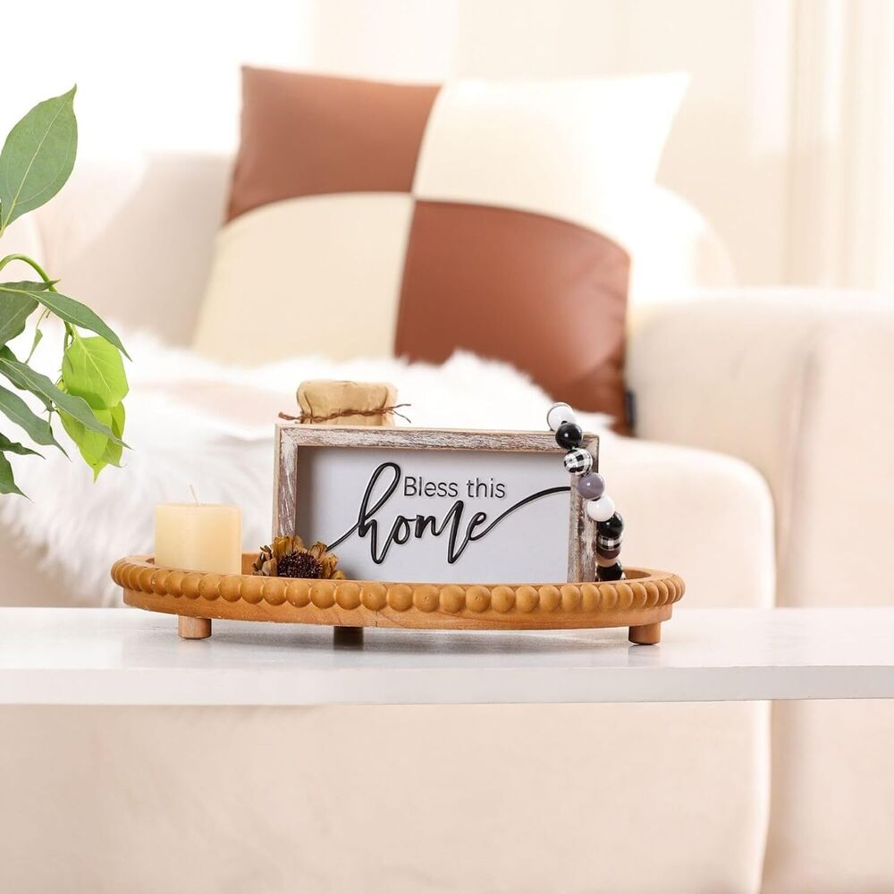 Round Wooden Tray Bamboo Coffee Table Beaded Decorative Home Kitchen Countertop