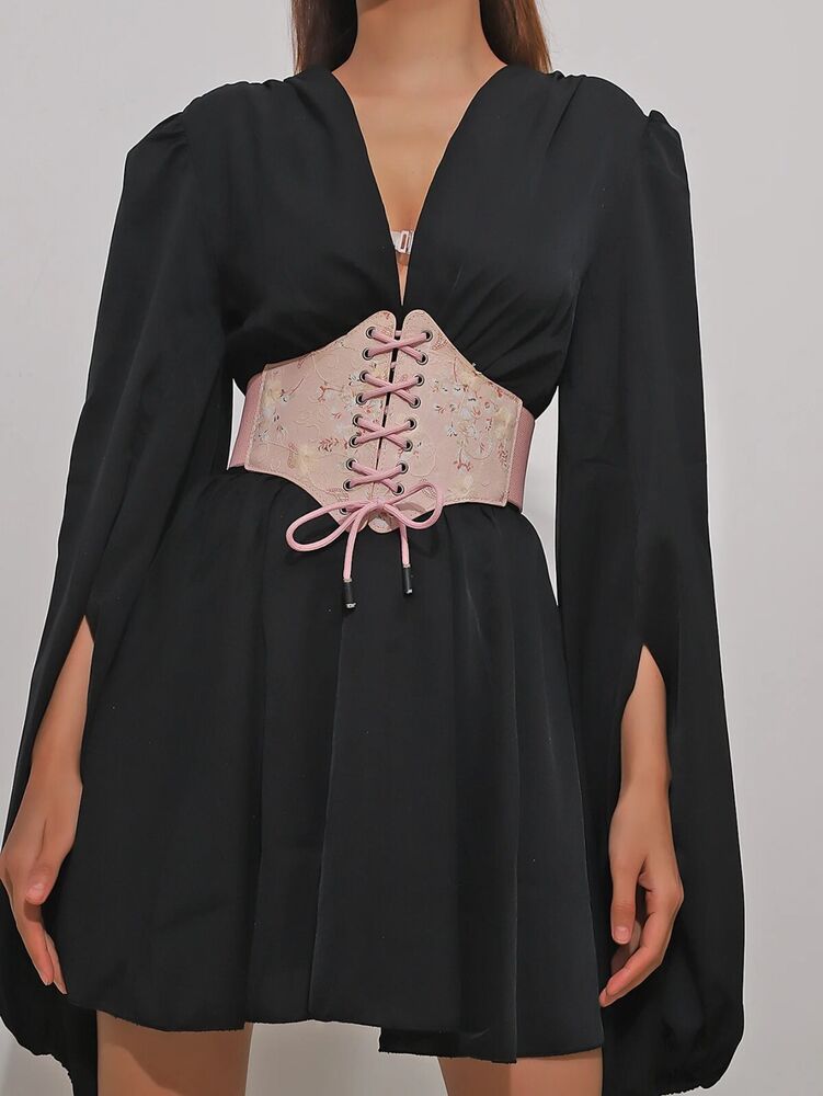Women Corsets PU Pink Wide Belts Fashion Magic Tape Bandage Lace Rope Waistbands