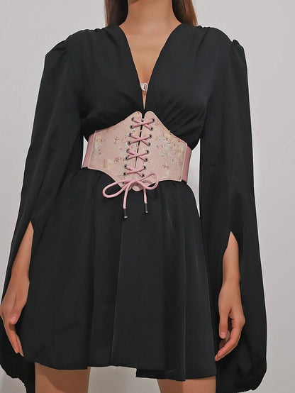 Women Corsets PU Pink Wide Belts Fashion Magic Tape Bandage Lace Rope Waistbands