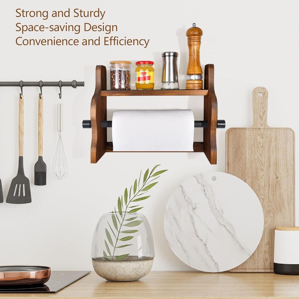 Wooden Paper Towel Holder with Shelf Farmhouse Rustic Wall-Mounted Rack for Home