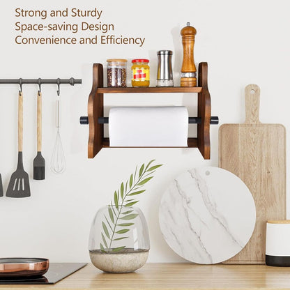 Wooden Paper Towel Holder with Shelf Farmhouse Rustic Wall-Mounted Rack for Home