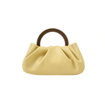 Girls Wooden Handle Pleated Cloud Shoulder Bag Handbag Messenger Mini Bag