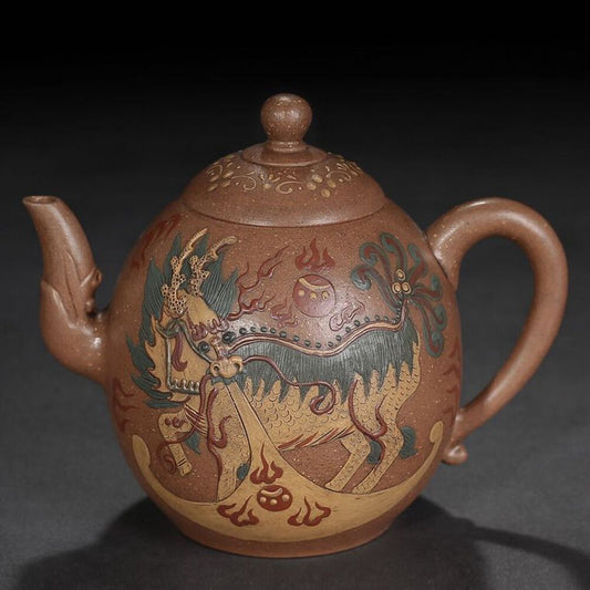 vintage chinese yixing purple clay teapot zisha ceremony painted kylin tea set