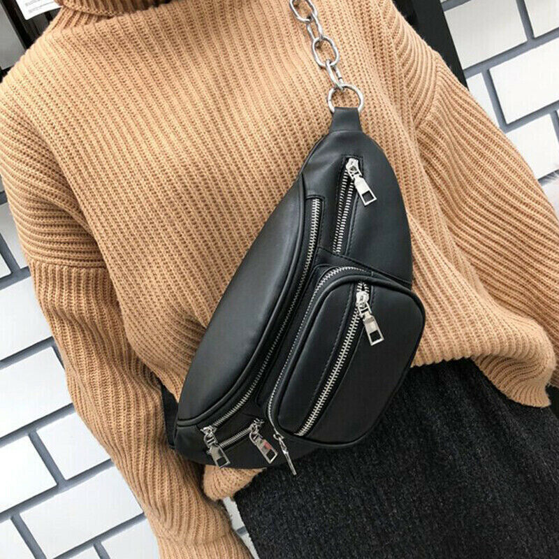 Women's Fanny Pack Purse Shoulder Chest Waist Bag Chain Zipper PU Leather Black