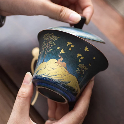 Embersceramic Ceramic Teacup Gold Deer Chinese Kung Fu Gaiwan for Tea