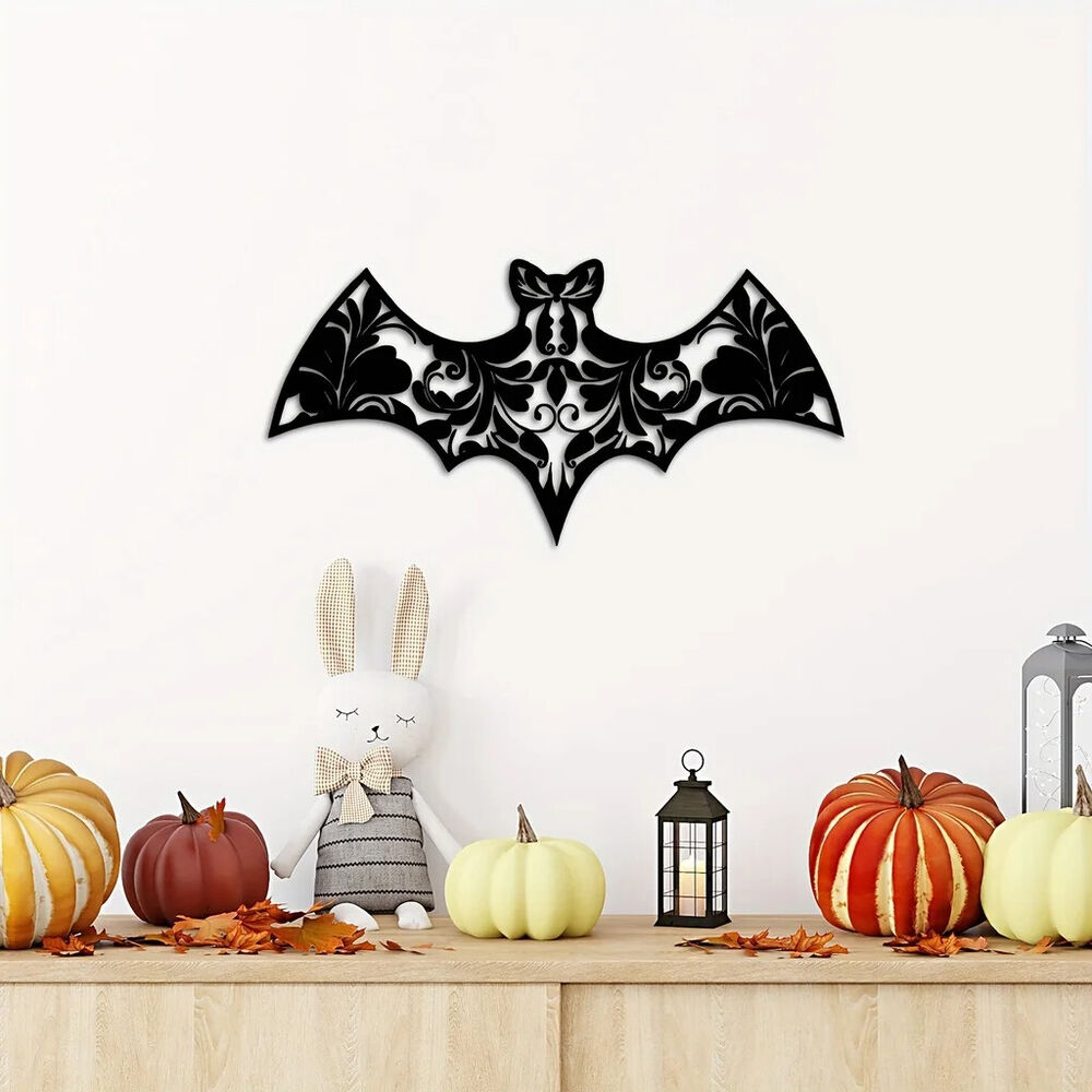 Floral Bat Metal Wall Art, Flower Black Metal Art Sign Decorations