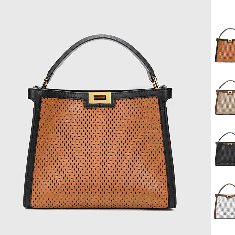 Trapezoid Perforated Real Leather Shoulder Bag Tote Handbag Purse Briefcase