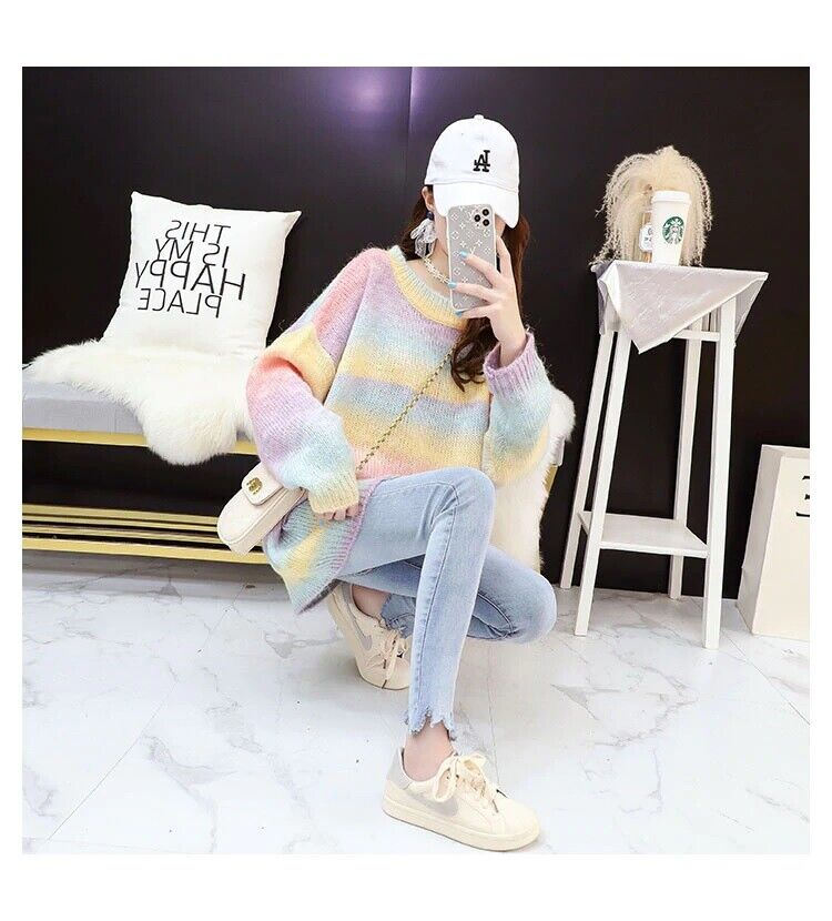 Women Rainbow Sweater Knitted Cotton Pullovers O-Neck Oversize Loose Striped Top
