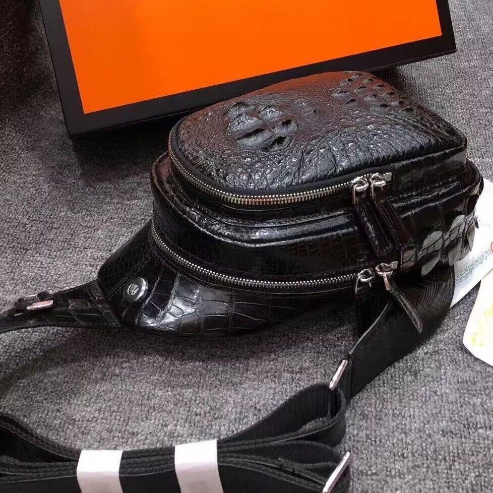 Original Crocodile Skin Leather Crossbody Bag, Men's Luxury Black Sling Backpack