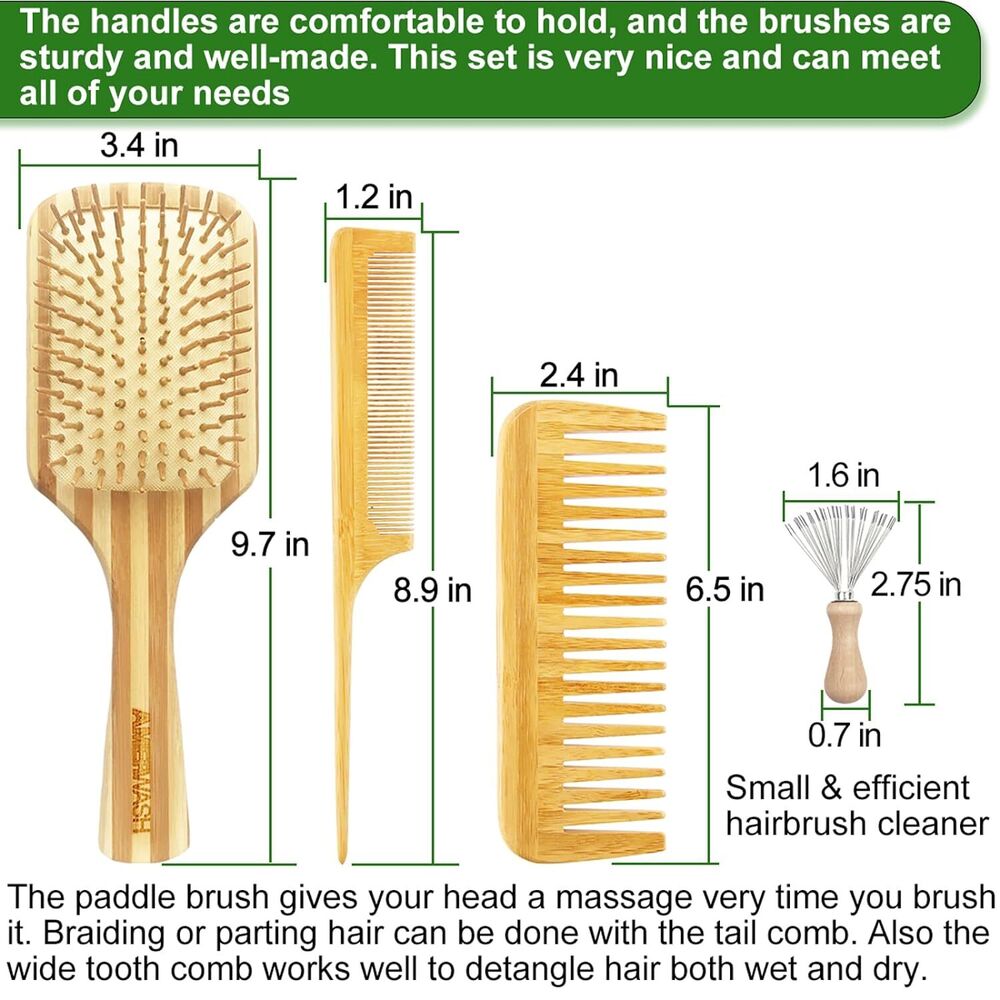 Bamboo Hair Brush Comb Set for Women Wooden Paddle Cleaning Tool Included