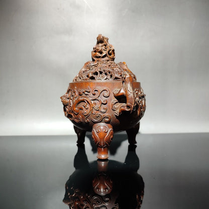 vintage Boxwood Chinese Brown Tripod Censer buddha incense holder dragon statue