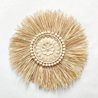 Wall Decor Boho Handmade Woven Straw Moroccan Wood Bead Hanging Ornament 45x45cm