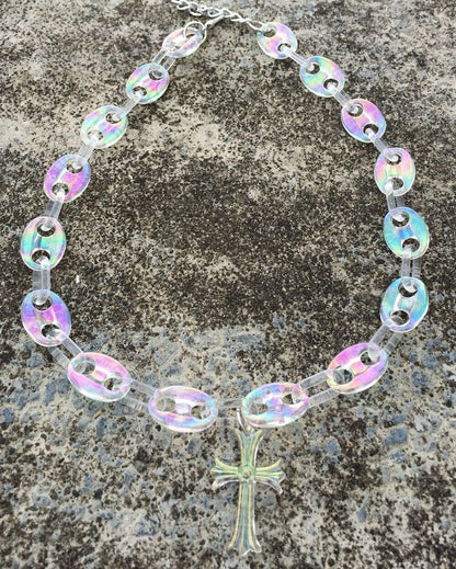 Women Necklace Cross Pendants Trendy Iridescent Acrylic Beads Chain Chokers 50cm