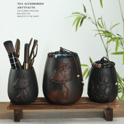 Black Ceramic Tea Ceramic Set And Canisters|Tea accessories