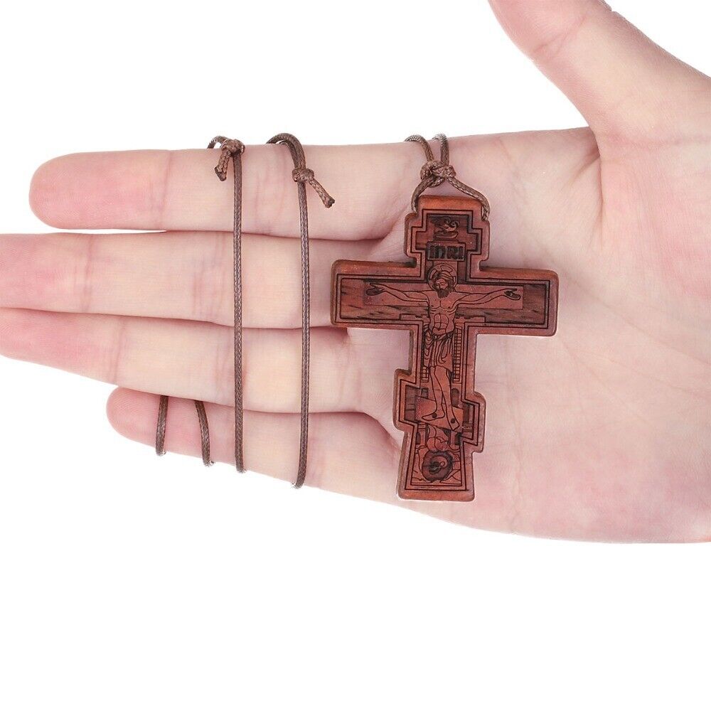 Wooden Cross Jesus Christ Religious Crucifix Christian Orthodox Pendant Necklace