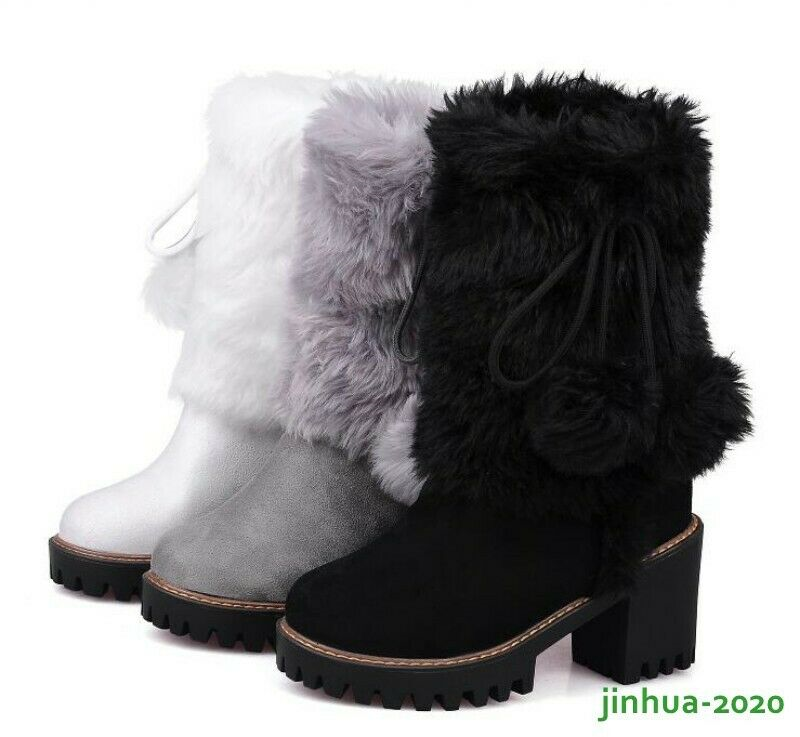 Winter Womens Girl Warm Fur POMPOM Snow Boots Block High Heels Shoes Ankle Boots