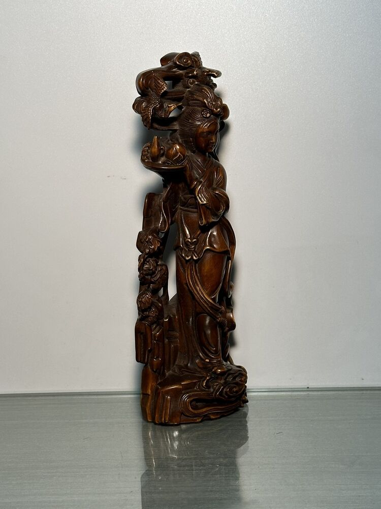 Chinese Old Natural Boxwood Carving Beautiful Woman Statues Woodwork Figurines