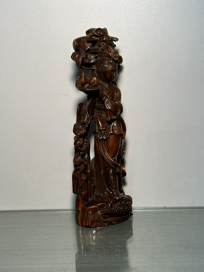 Chinese Old Natural Boxwood Carving Beautiful Woman Statues Woodwork Figurines