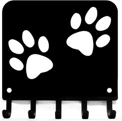 Paw Print Key Rack Hanger & Dog Leash Organizer - 6 inch Wide Metal Wall Art
