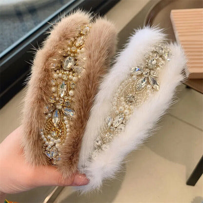 Women Headband Luxurious Faux Fur Crystal Hairband Casual Adult Hair Accessories