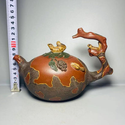 Vintage Chinese Yixing Purple Clay Teapot Zisha Ceramic Carving Squirrel Tea Set