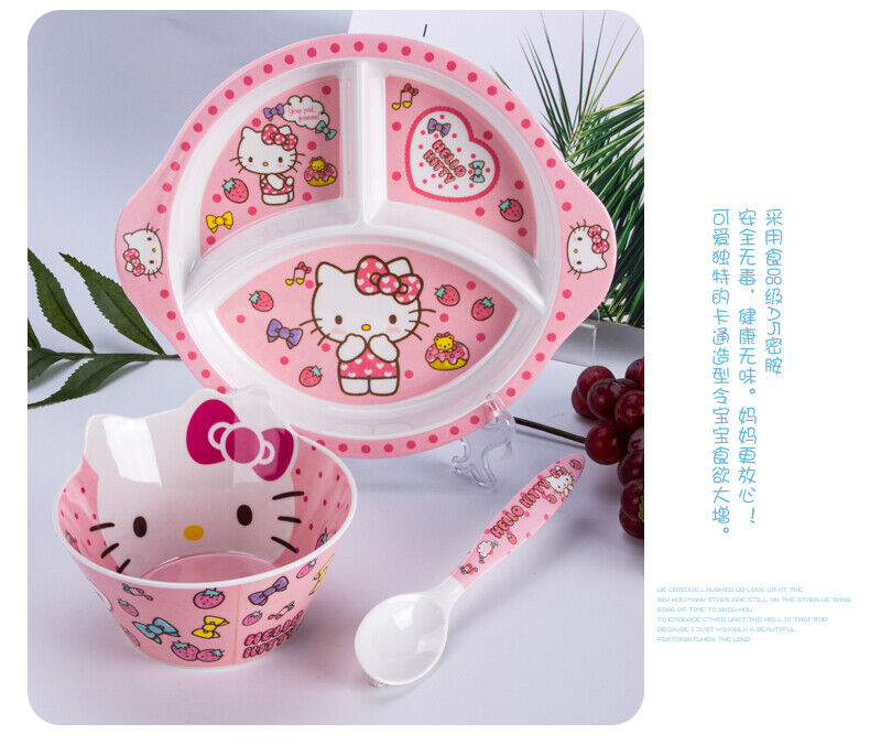 Cute Kids Hello Kitty Breakage-proof Tableware Set Bowl + plate+ Spoon+ Cup Set