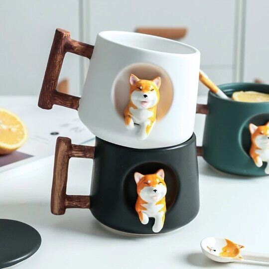 Ceramic Shiba Inu Mug with Lid Spoon Cute Dog Coffee Cup 420ml