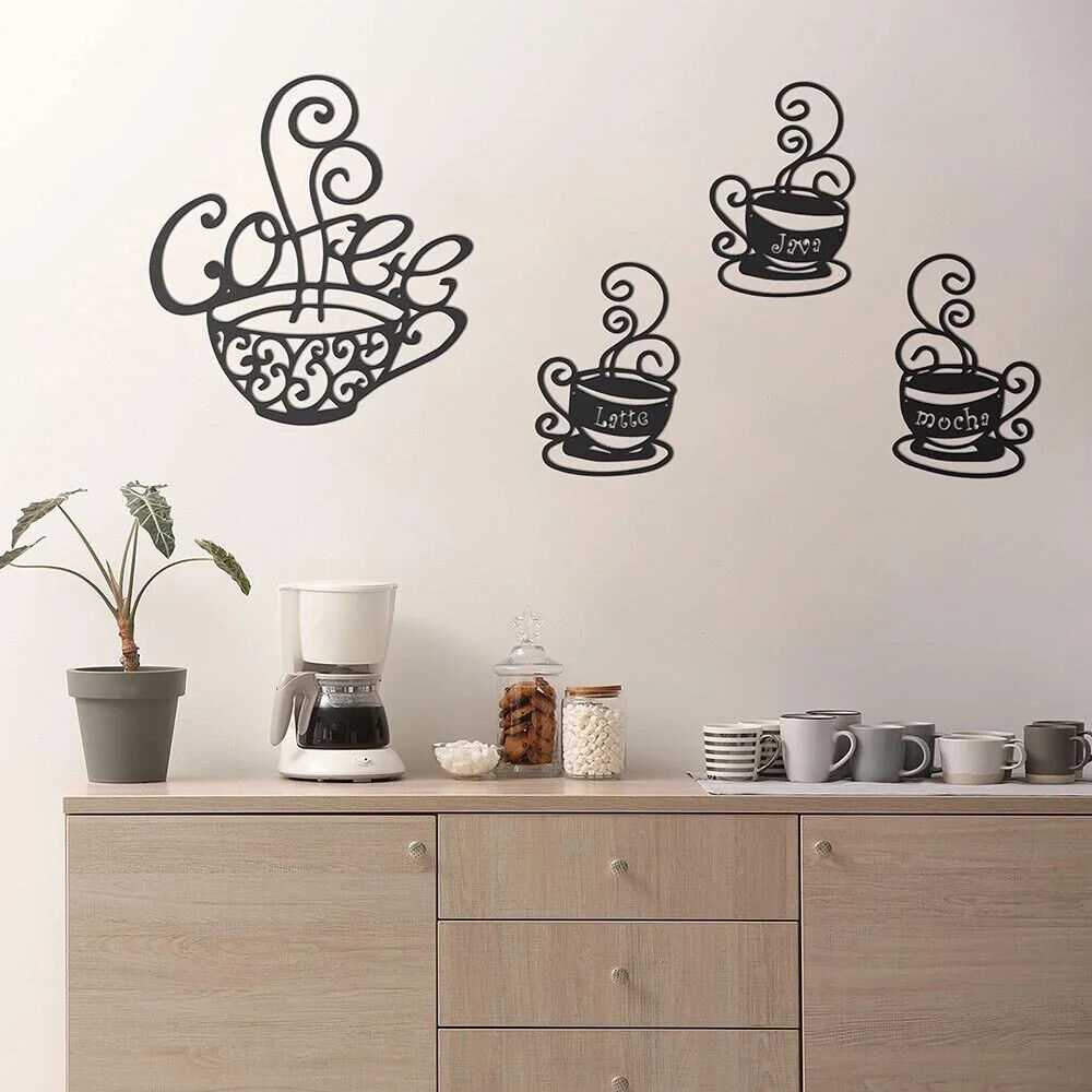 4pcs Coffee Metal Signs Black Silhouette Plaque Dining Room Kitchen Cafe Wall